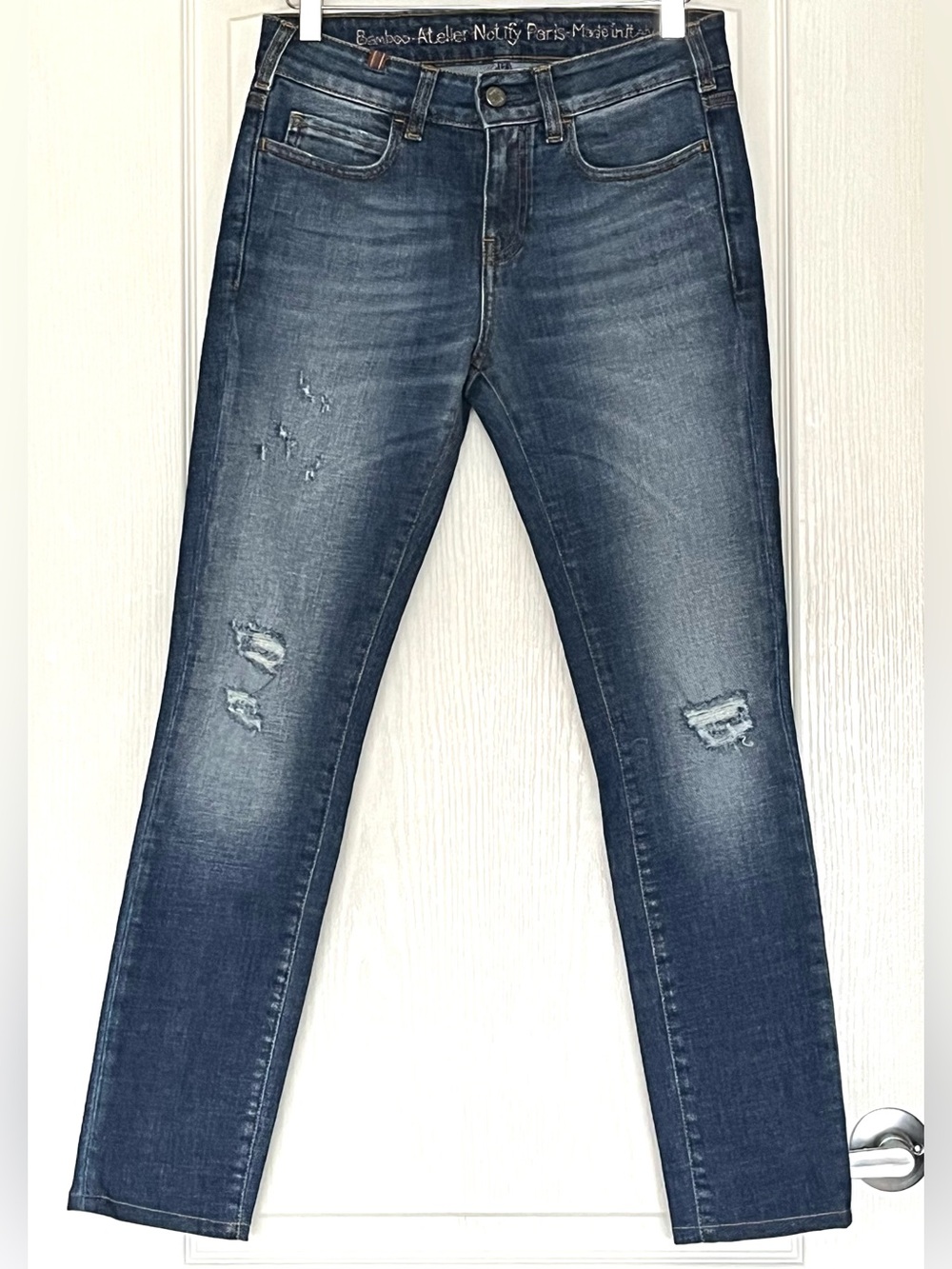 Atelier Notify Paris Bamboo Distressed Straight Leg Luxury Denim Jeans 25 Blue